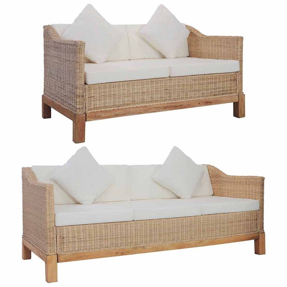 2-tlg. Sofagarnitur mit Auflagen Natur Rattan
