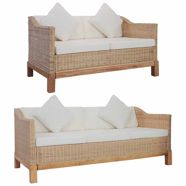 2-tlg. Sofagarnitur mit Auflagen Natur Rattan