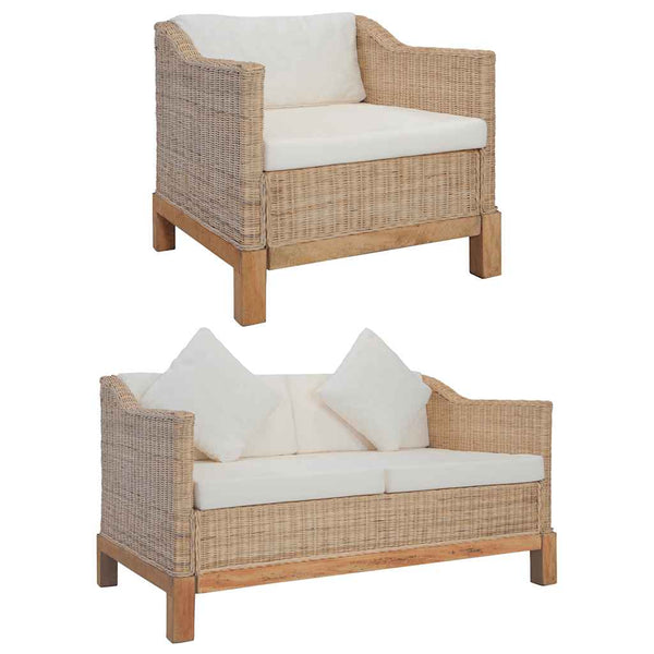 3-tlg. Sofagarnitur mit Auflagen Natur Rattan