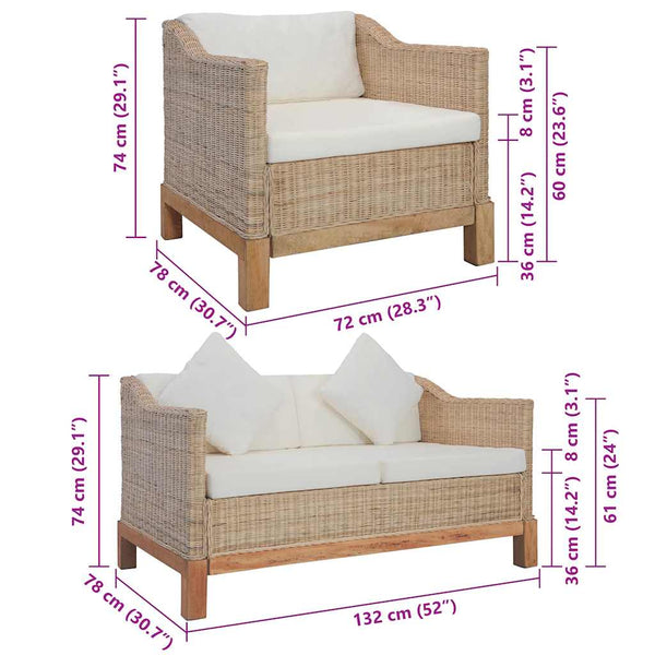 3-tlg. Sofagarnitur mit Auflagen Natur Rattan