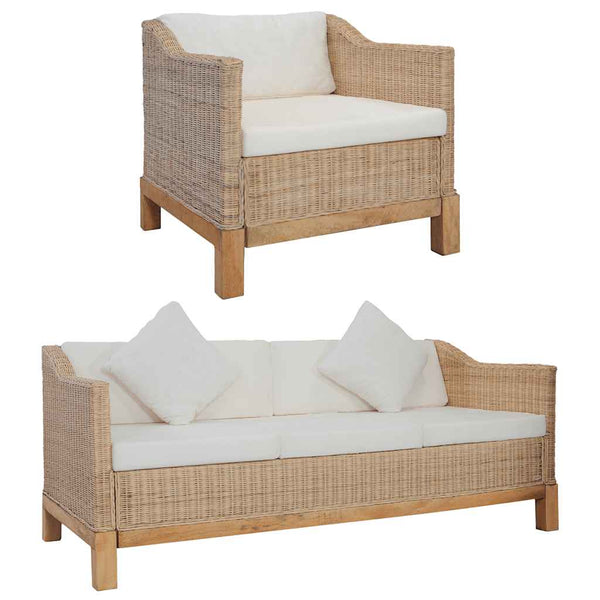 2-tlg. Sofagarnitur mit Auflagen Natur Rattan