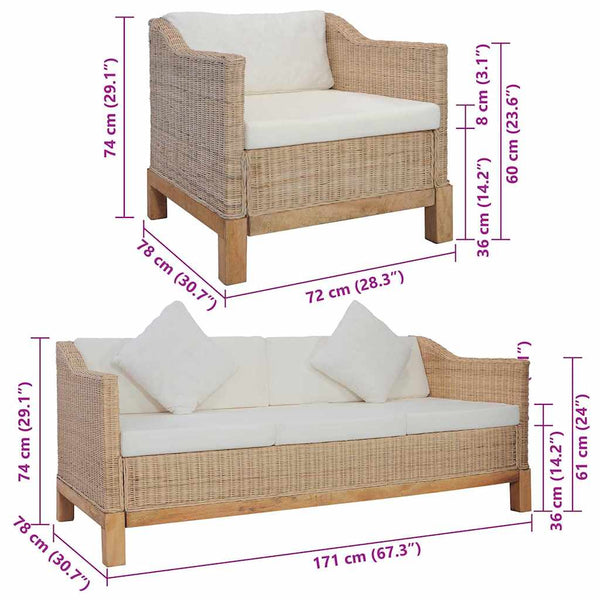 2-tlg. Sofagarnitur mit Auflagen Natur Rattan