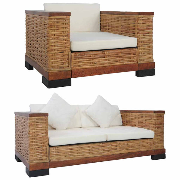 2-tlg. Sofagarnitur mit Auflagen Braun Natur Rattan