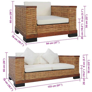 2-tlg. Sofagarnitur mit Auflagen Braun Natur Rattan