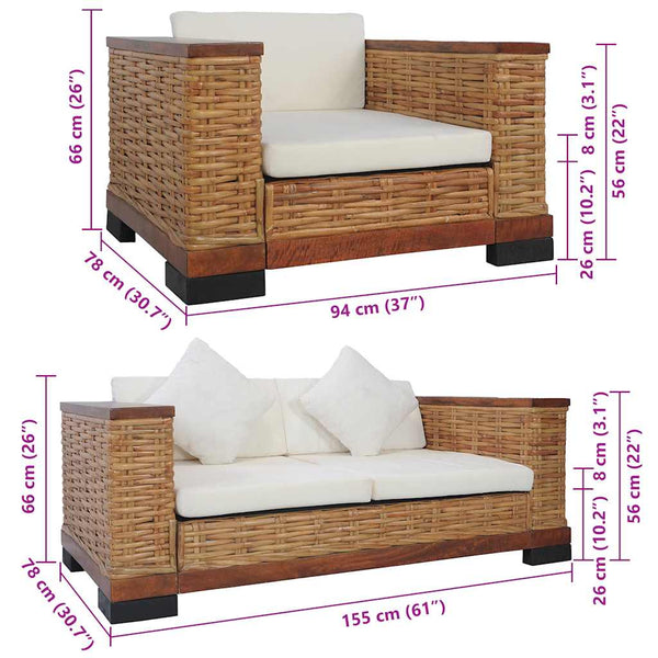 2-tlg. Sofagarnitur mit Auflagen Braun Natur Rattan