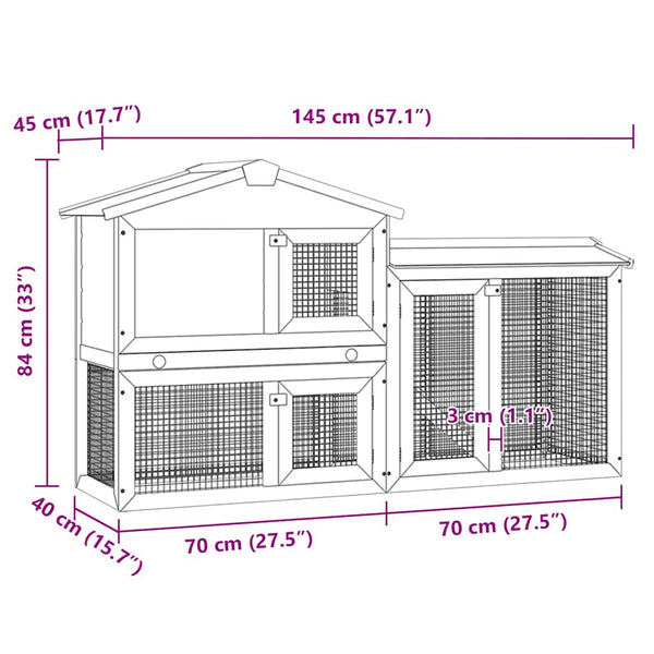 Großer Kaninchenstall Grau und Weiß 145x45x84 cm Holz