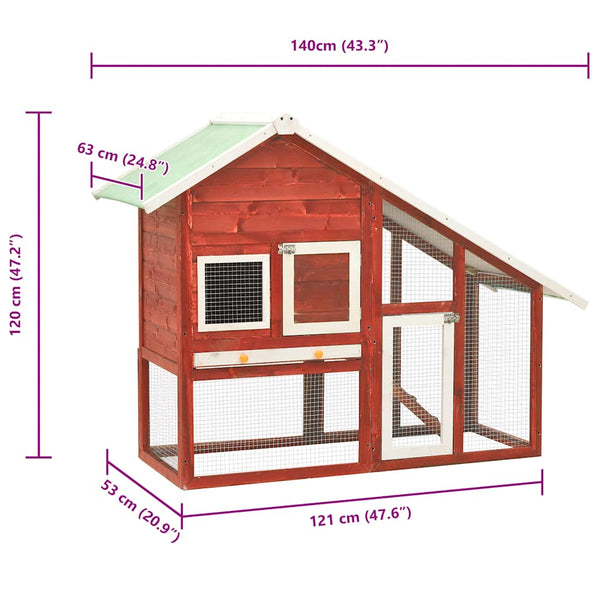 Kaninchenstall Rot und Weiß 140x63x120 cm Tanne Massivholz