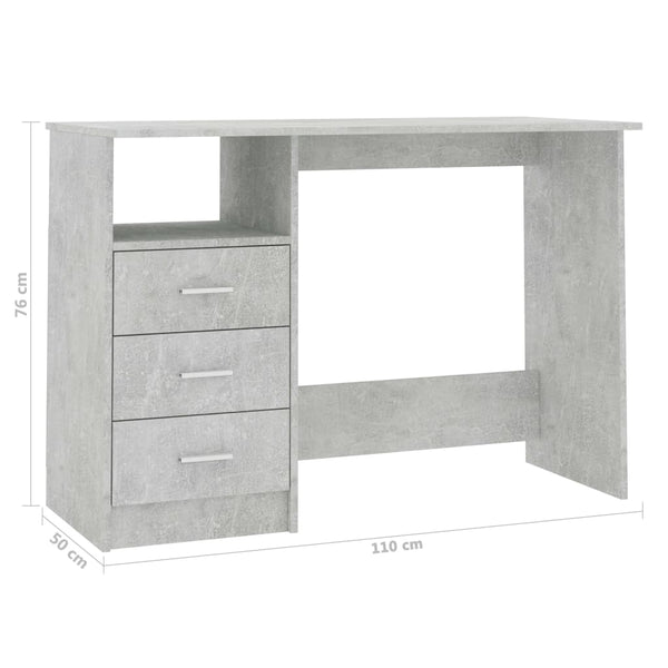 vidaXL Bureau avec tiroirs Gris béton 110x50x76 cm Bois d'ingénierie