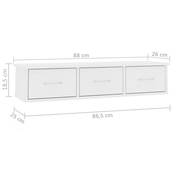Wandregal mit Schubladen, Weiß, 88cm