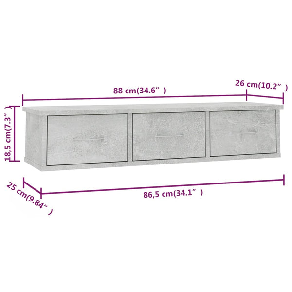 vidaXL Étagère murale à tiroirs gris béton 88x26x18,5 cm en bois d'ingénierie