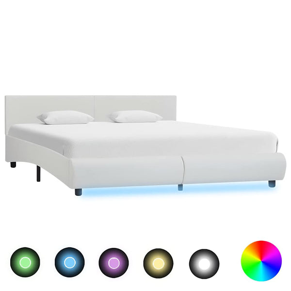 Bettgestell mit LED Weiß Kunstleder 160×200 cm