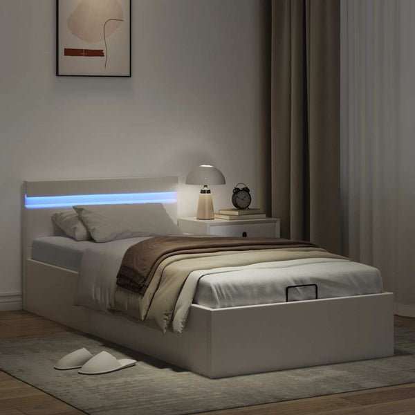 Bett mit Bettkasten Hydraulisch LED Weiß Kunstleder 90x200cm