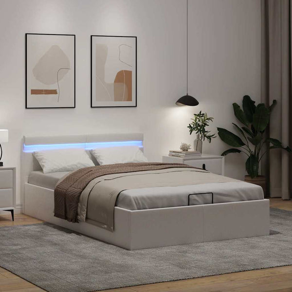 Bett mit Bettkasten Hydraulisch LED Weiß Kunstleder 120x200 cm