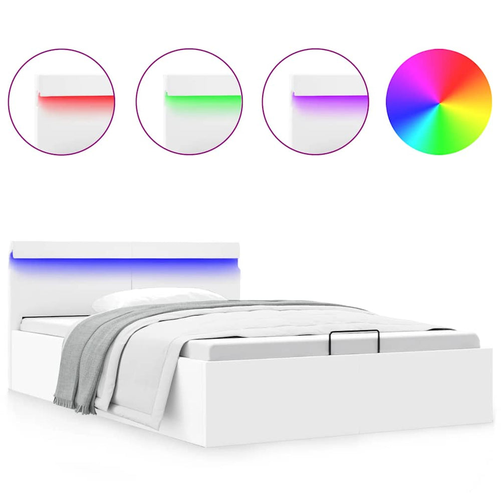 vidaXL Hydraulic LED Faux Leather Bed with Storage White 140x200 cm