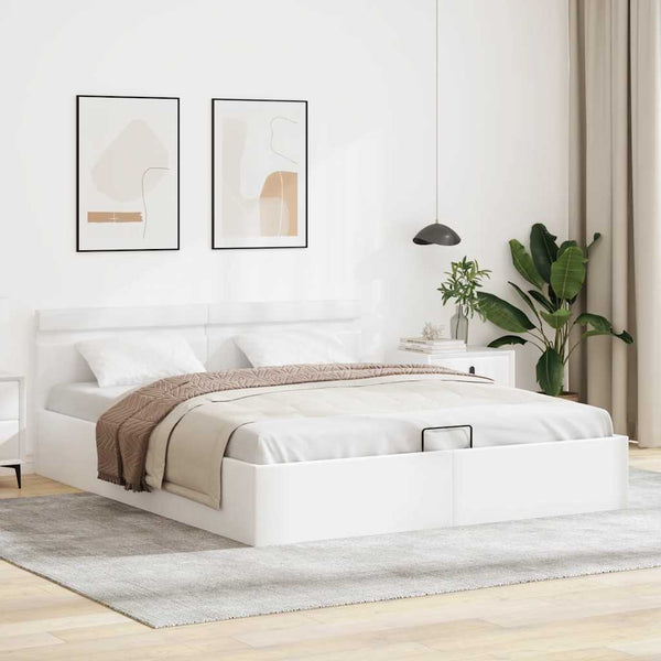 Bett mit Bettkasten Hydraulisch LED Weiß Kunstleder 160x200 cm