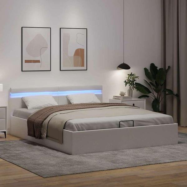 Bett mit Bettkasten Hydraulisch LED Weiß Kunstleder 160x200 cm