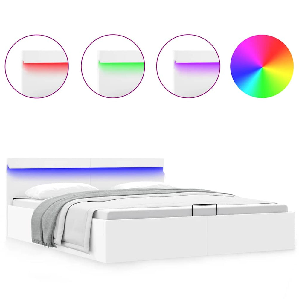 vidaXL Hydraulic LED White Faux Leather Storage Bed 180x200 cm