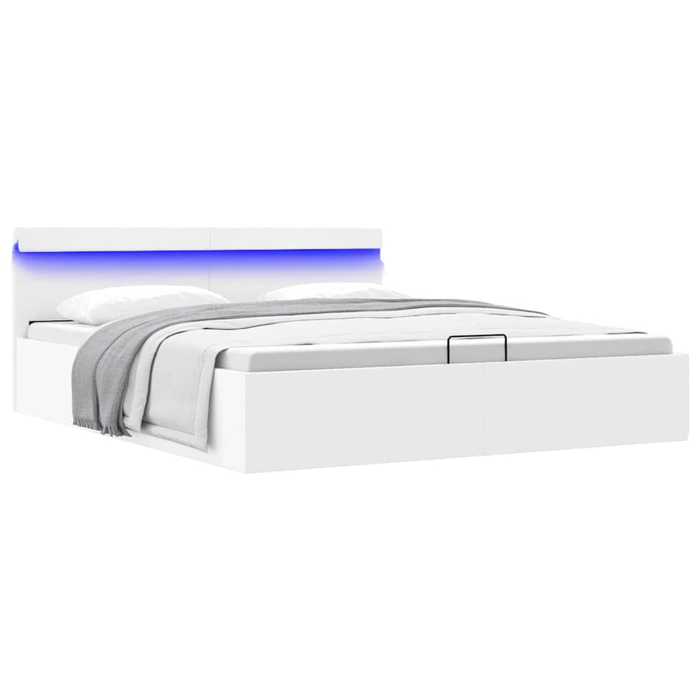 vidaXL Hydraulic LED White Faux Leather Storage Bed 180x200 cm