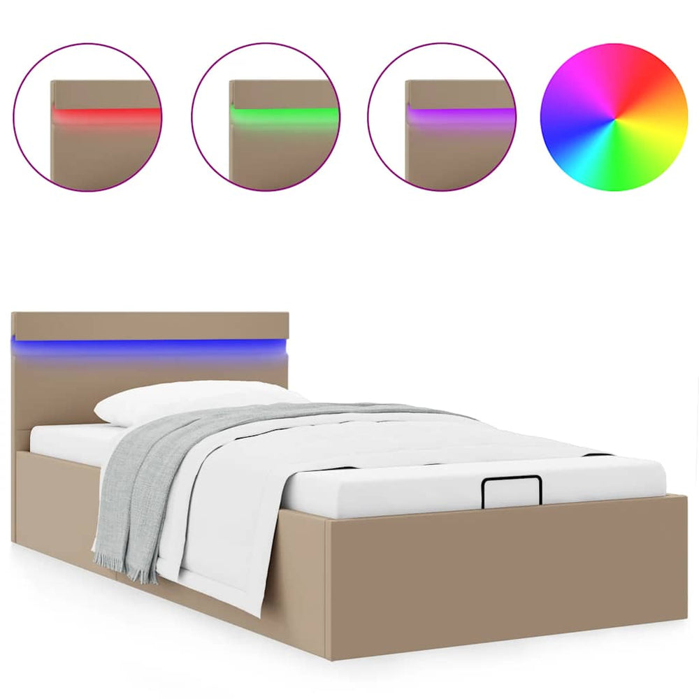 vidaXL Bed with Storage and LED Light Cappuccino Brown Faux Leather 100x200 cm