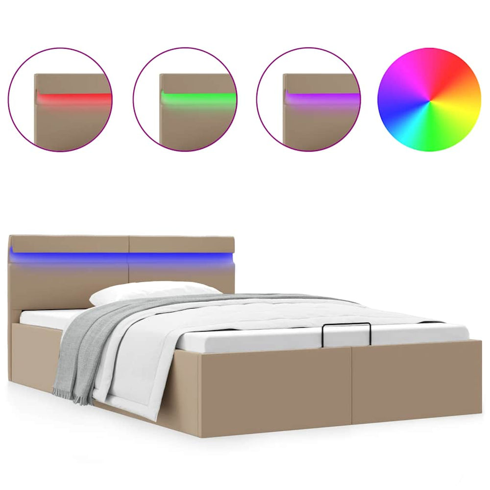 vidaXL Storage Bed with LED Cappuccino Brown Faux Leather 140x200 cm