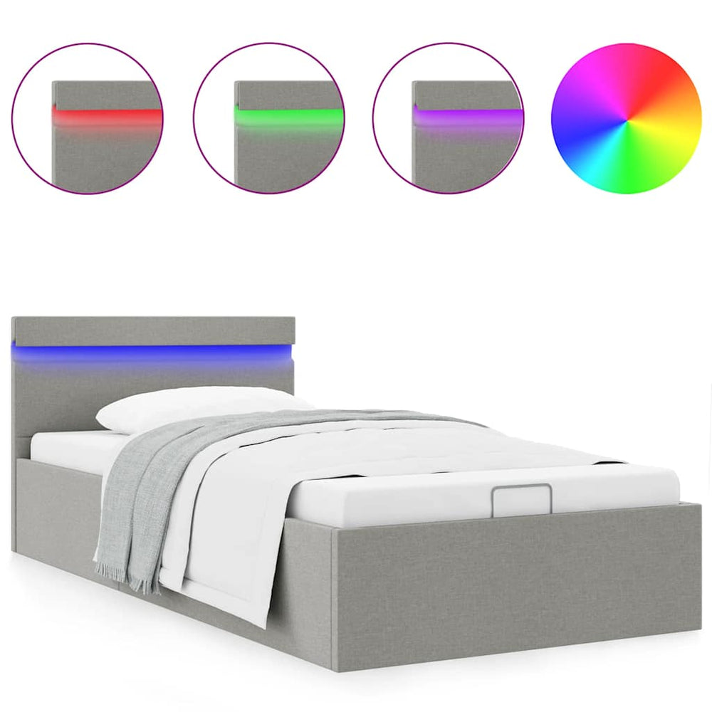 vidaXL Hydraulic LED Bed with Storage Light Gray Fabric 100x200 cm