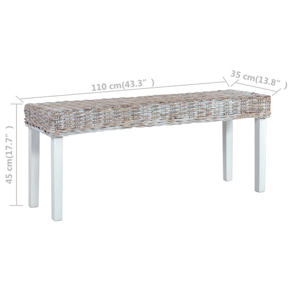Sitzbank 110 cm Weiß Natur Kubu-Rattan und Massivholz Mahagoni