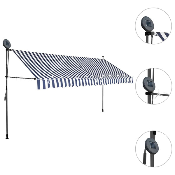 Einziehbare Markise Handbetrieben mit LED 350 cm Blau und Weiß