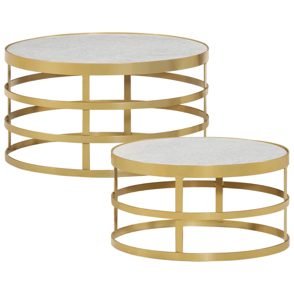 vidaXL Ensemble de 2 tables basses en marbre, couleur laiton et blanc
