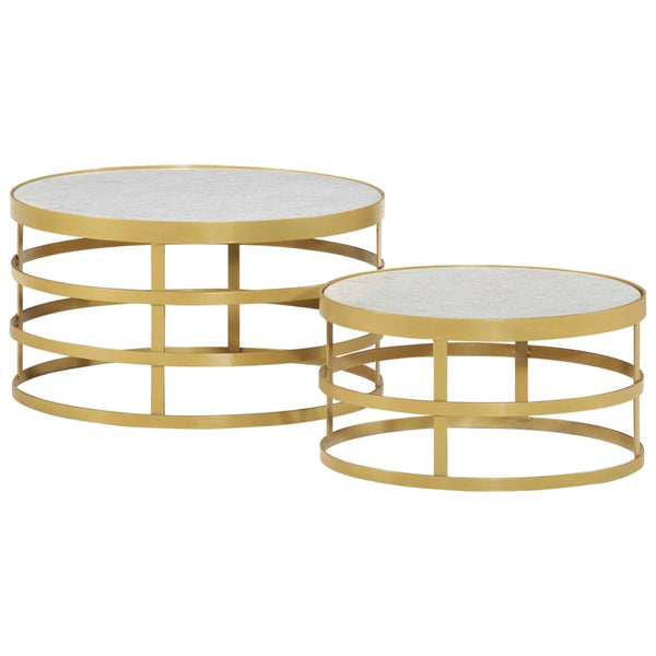 vidaXL Ensemble de 2 tables basses en marbre, couleur laiton et blanc