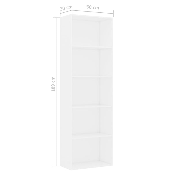 Bücherregal Weiß, 5 Fächer, 60x189 cm