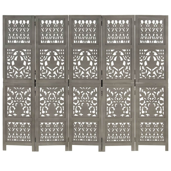 5tlg. Raumteiler Handgeschnitzt Grau 200×165cm Mango Massivholz