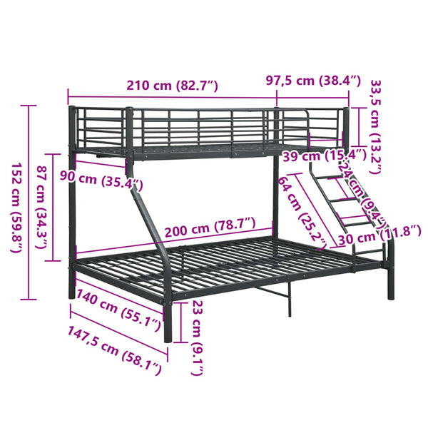 Etagenbettgestell Schwarz Metall 140x200 cm/90x200 cm