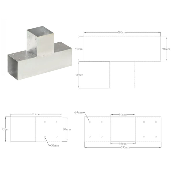 vidaXL Connecteurs de poteaux 4 pcs en T Métal galvanisé 91 x 91 mm