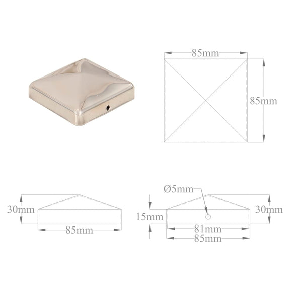 Pfostenkappen 6 Stk. Pyramide Edelstahl 81 x 81 mm
