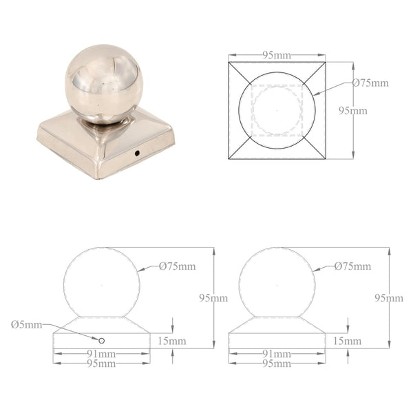 Pfostenkappen 6 Stk. Kugelform Edelstahl 81 x 81 mm