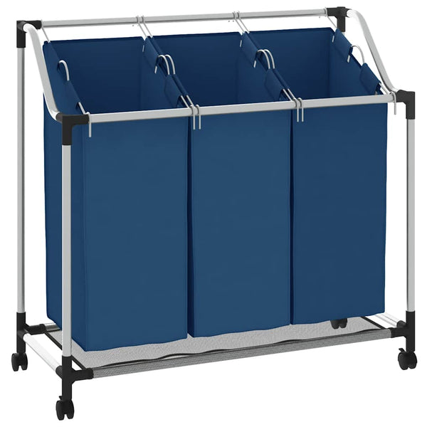 Wäschesortierer mit 3 Taschen Blau Stahl