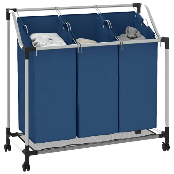 Wäschesortierer mit 3 Taschen Blau Stahl