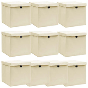 Aufbewahrungsboxen mit Deckel 10 Stk. Creme 32x32x32 cm Stoff