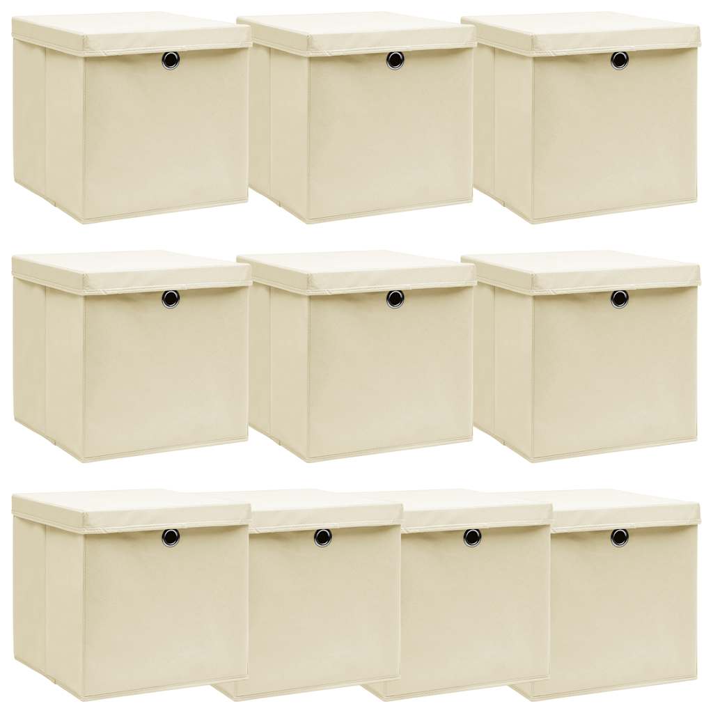 Aufbewahrungsboxen mit Deckel 10 Stk. Creme 32x32x32 cm Stoff