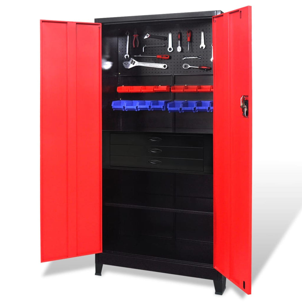 Werkzeugschrank mit Werkzeugtruhe Stahl 90x40x180cm Rot Schwarz