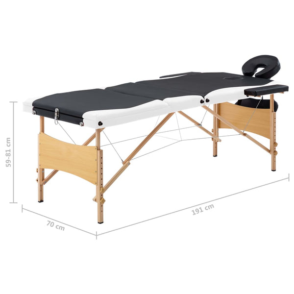Klappbare Massageliege 3-Zonen Holz Schwarz/Weiß