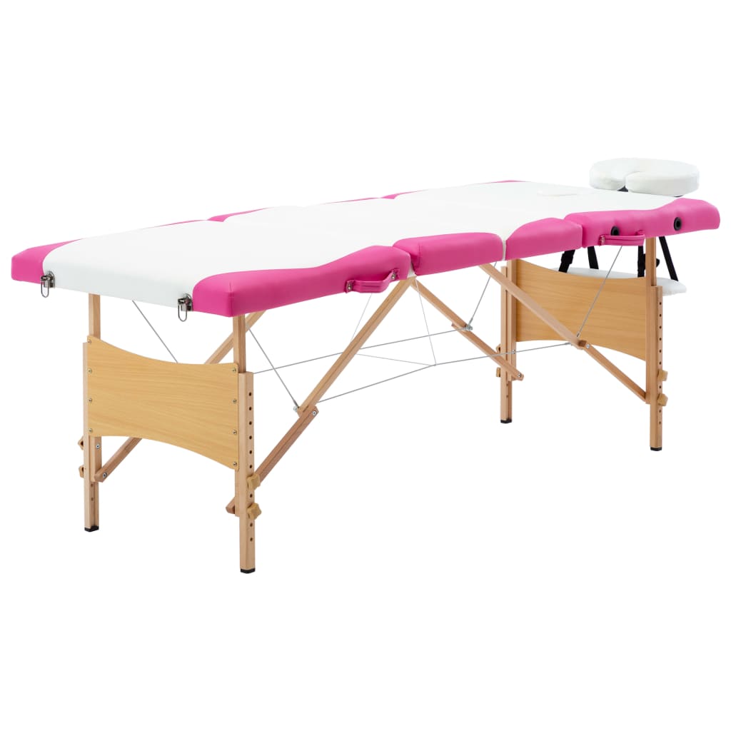 Massageliege Klappbar 4-Zonen mit Holzgestell Weiß und Rosa