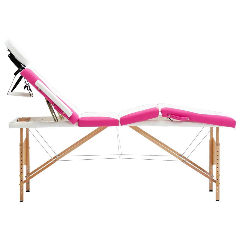 Massageliege Klappbar 4-Zonen mit Holzgestell Weiß und Rosa