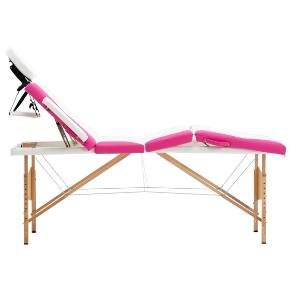 Massageliege Klappbar 4-Zonen mit Holzgestell Weiß und Rosa