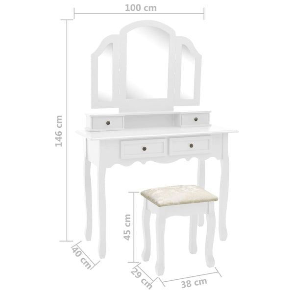 Schminktisch-Set mit Hocker Weiß 100x40x146 cm Paulownia-Holz