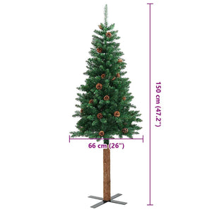 vidaXL Sapin de Noël Slim avec Bois véritable et Pommes de pin Vert 150 cm PVC