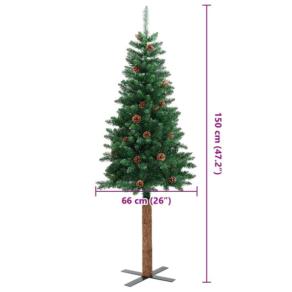 vidaXL Sapin de Noël Slim avec Bois véritable et Pommes de pin Vert 150 cm PVC