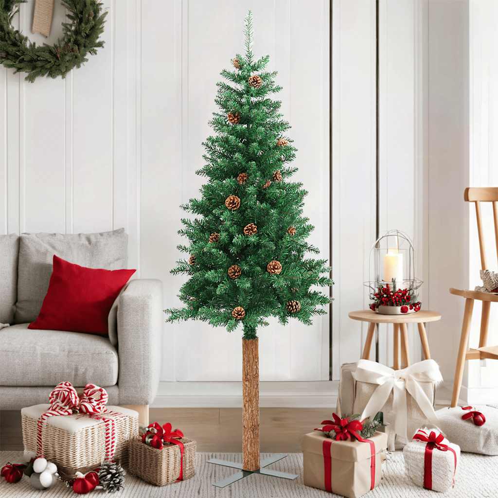 vidaXL Sapin de Noël Slim avec Bois véritable et Pommes de pin Vert 150 cm PVC