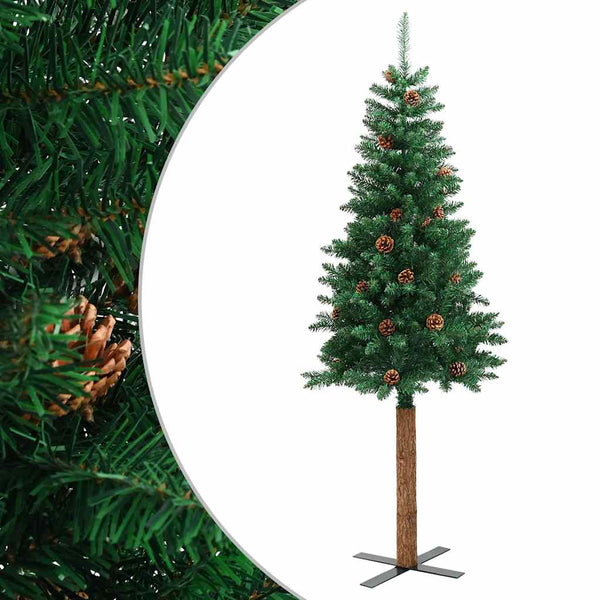 vidaXL Sapin de Noël slim avec bois véritable et pommes de pin Vert 180 cm PVC