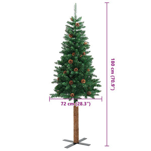 vidaXL Sapin de Noël slim avec bois véritable et pommes de pin Vert 180 cm PVC